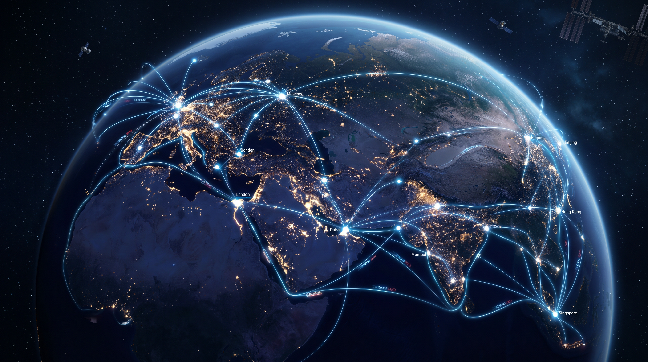Ultra-realistic view of Earth from low orbit at night showing city lights