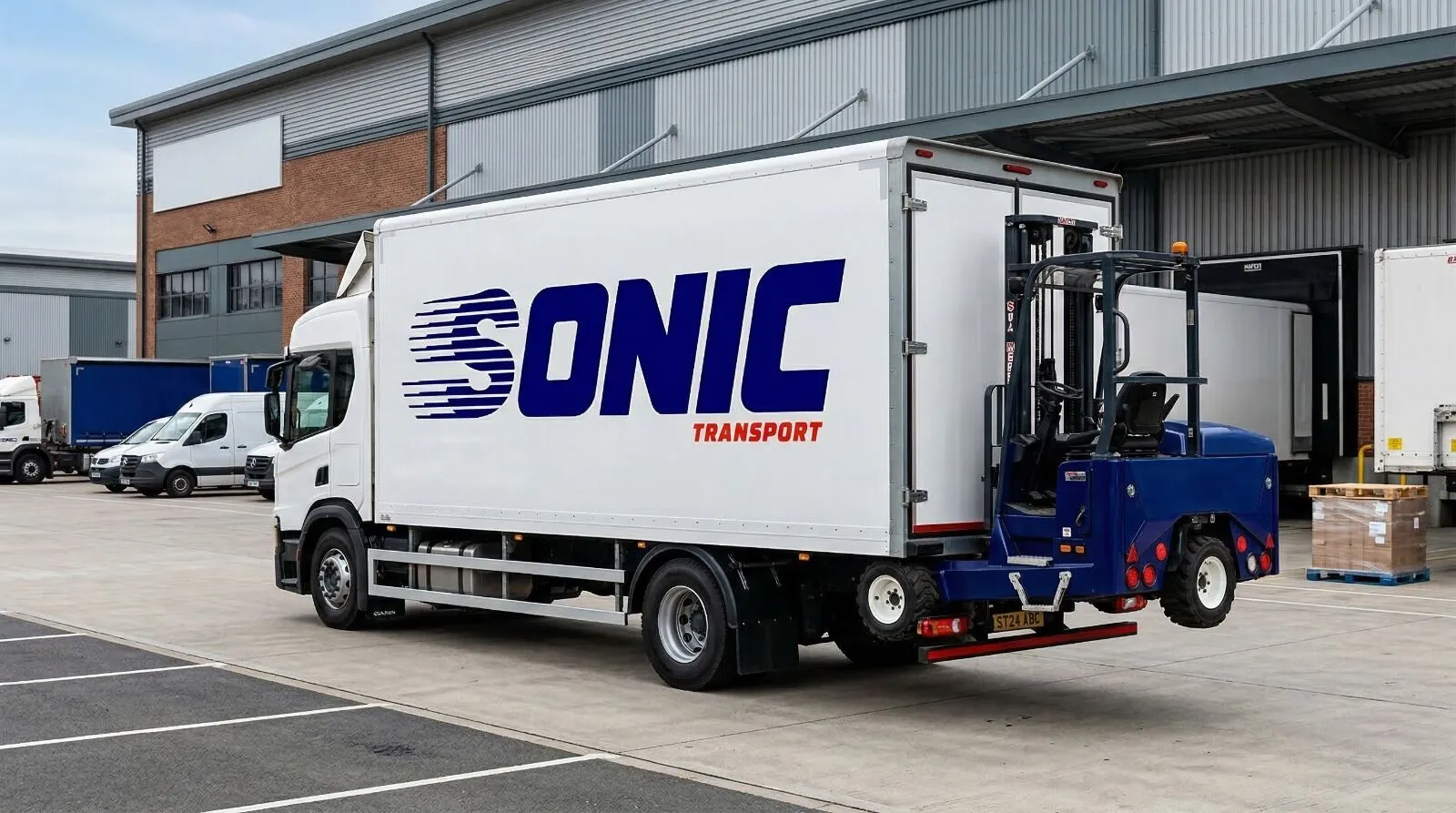 Rigid box lorry carrying a truck mounted forklift on the rear, parked at a warehouse loading yard beside a wrapped pallet